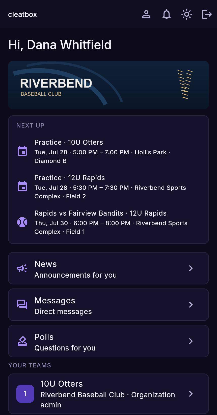 The cleatbox home screen for a club administrator, listing their teams and the week's events.